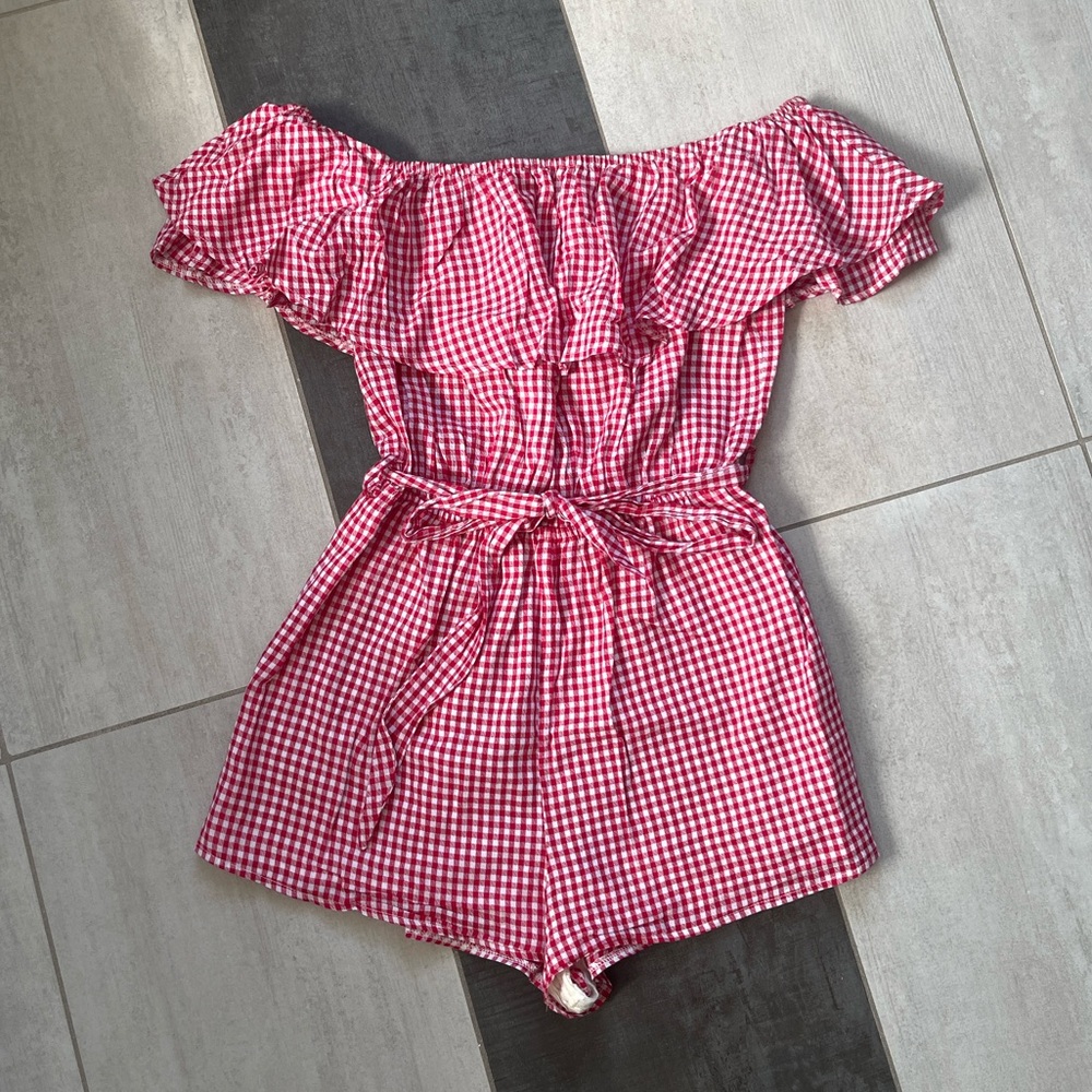 off the shoulder gingham romper